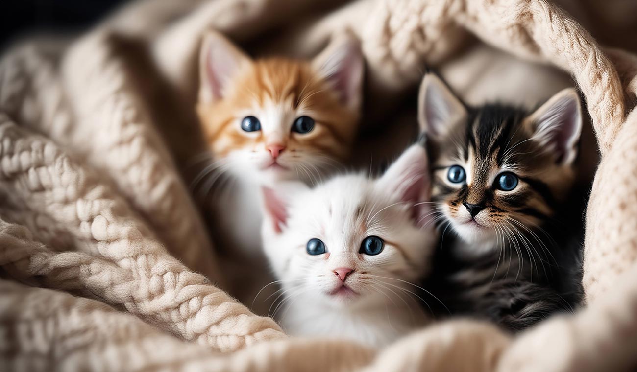 A blanket shelters a group of kittens.